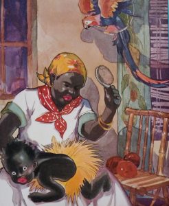 Relying on extremely racist stereotypes, Bennet juxtaposes an American aesthetic with an African one
