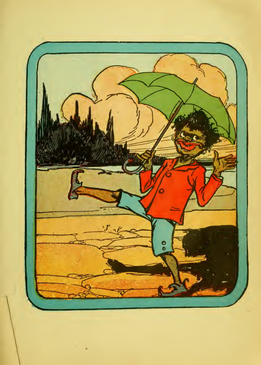 A caricatured Little Black Sambo in his fine clothes