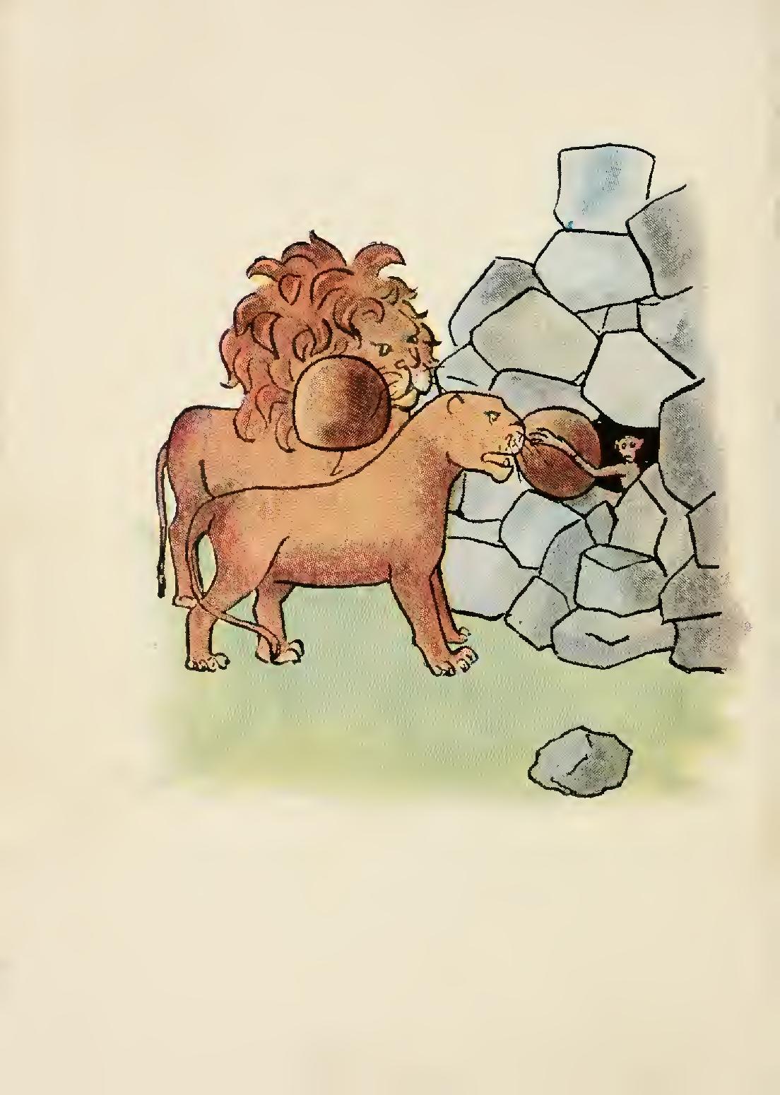 The monkey hides from the lions in a cave